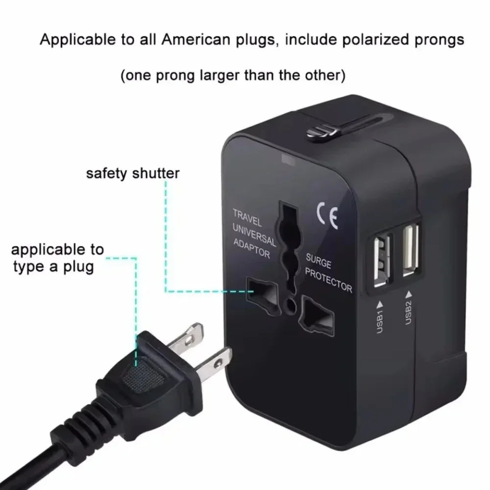 Universal Travel AC Power Adapter with Dual USB Ports EU US UK AU Outlet Converter Socket Plug Global Conversion Charger