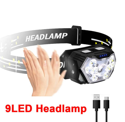 New 2000LM Ultra Bright 9 LED Headlamp USB C Rechargeable Headlight 10 Modes Waterproof Motion Sensor Head Lamp Work Flashlight