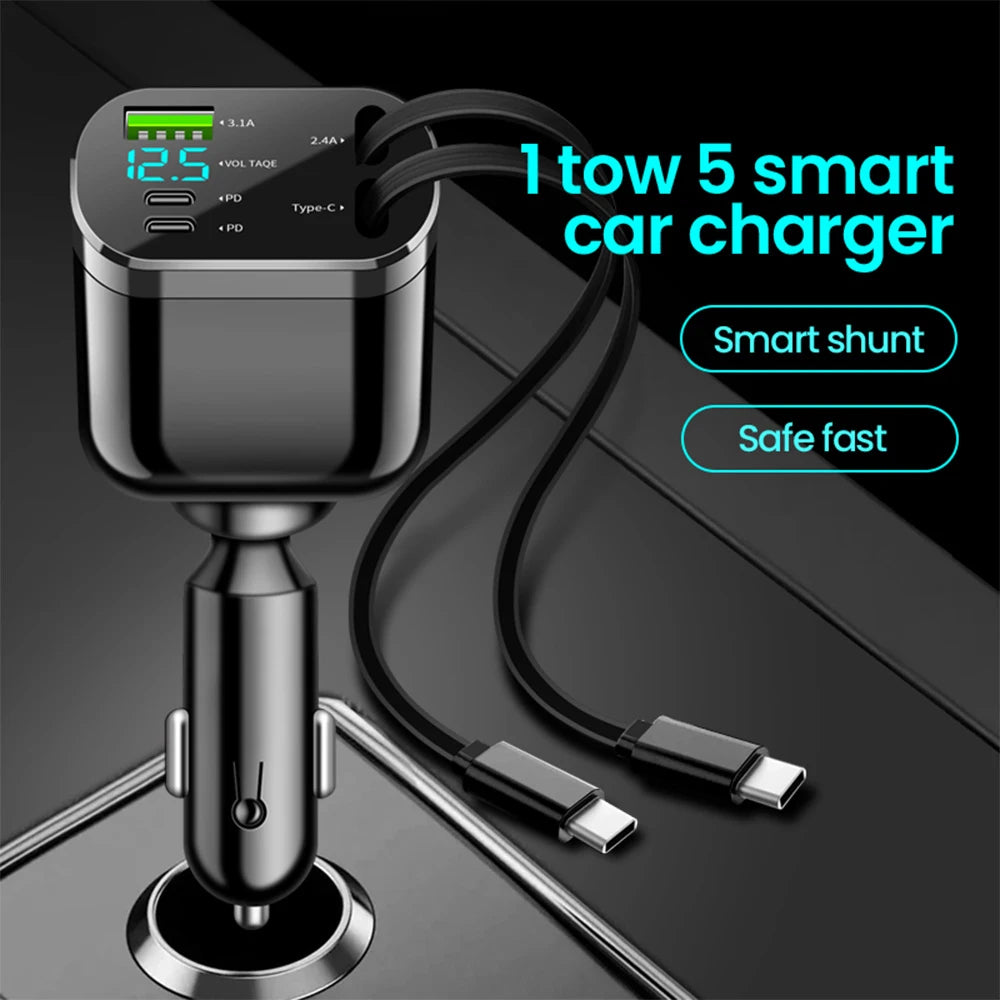 Elough Retractable Car Charger 5 in 1 Fast Charging Car Charger Retractable Cable 2 Type C Ports Car Charger Adapter Compatible