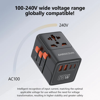 Universal Travel Adapter with 4 AC Outlets Max 2400W 2 USB Port 2 Type-C PD 65W Ports All-in-One Fast Charging EU UK US AUS Plug