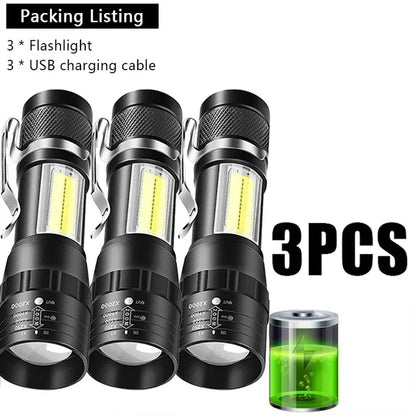 USB Rechargeable Mini Flashlight COB+XPE Portable Built-in Battery Zoomable Small Torch 3 Mode Camping Emergency Flashlights