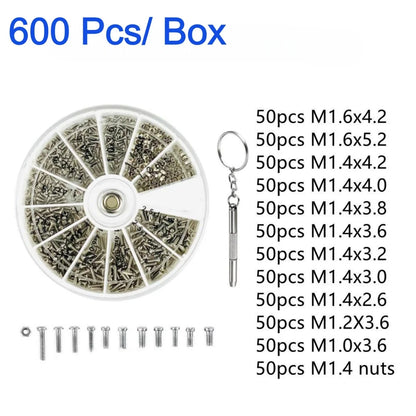 240/600 Pcs EyeGlasses Sunglass Repairing Tool Screws Nuts M1 M1.2 M1.4 M1.6 For Watches Glasswear Phone Tornillos