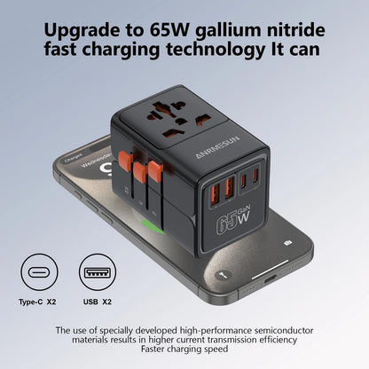 Universal Travel Adapter with 4 AC Outlets Max 2400W 2 USB Port 2 Type-C PD 65W Ports All-in-One Fast Charging EU UK US AUS Plug