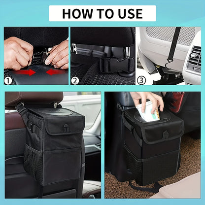 Car Trash Can with Lid - Leakproof Trash Bin Car Garbage Can, Collapsible Automotive Truck Organizer and Storage Bag Car Accesso