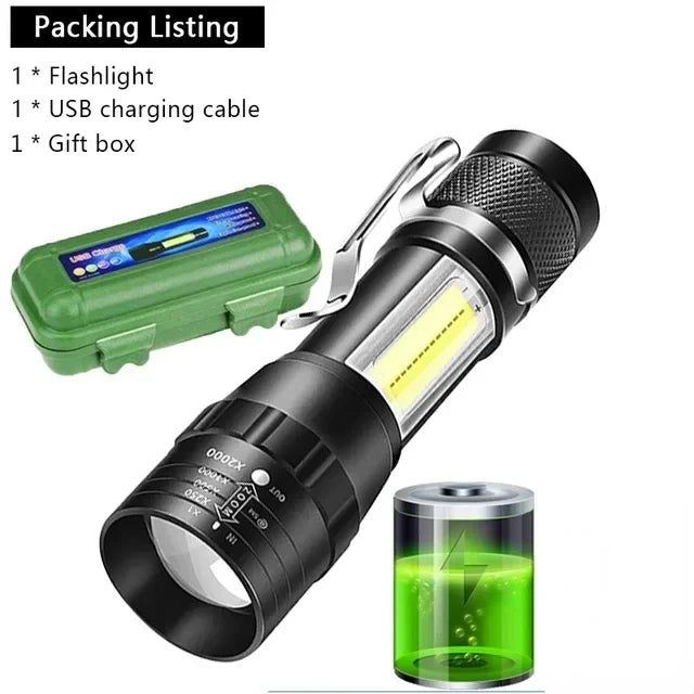USB Rechargeable Mini Flashlight COB+XPE Portable Built-in Battery Zoomable Small Torch 3 Mode Camping Emergency Flashlights