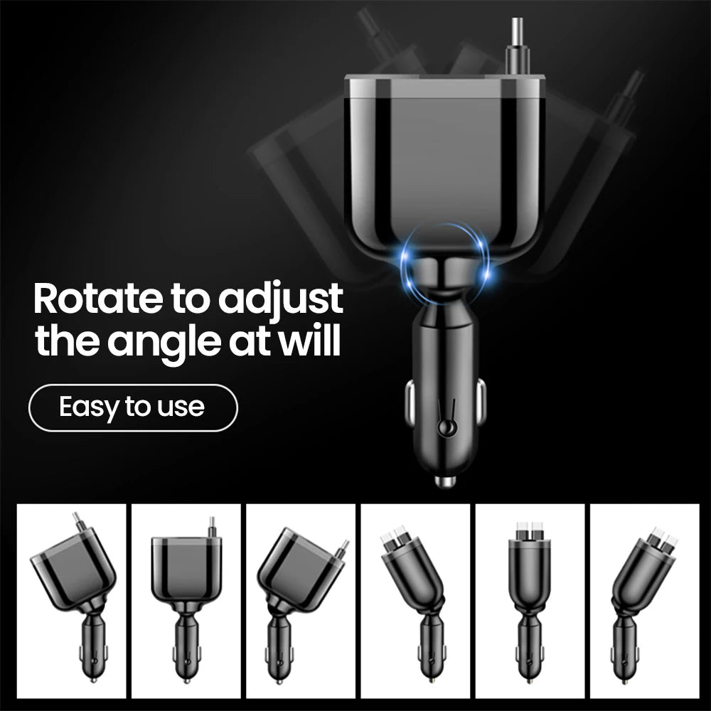 Elough Retractable Car Charger 5 in 1 Fast Charging Car Charger Retractable Cable 2 Type C Ports Car Charger Adapter Compatible