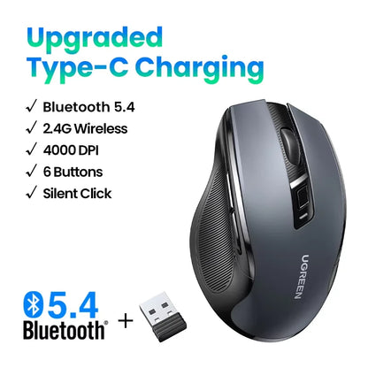 UGREEN Wireless Mouse Bluetooth5.0 Mouse Ergonomic 4000DPI 6 Mute Buttons Mouse For MacBook Tablet Laptops Computer PC 2.4G Mice