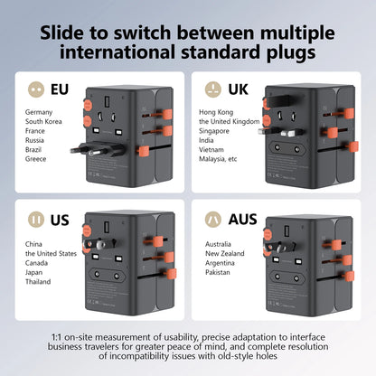 Universal Travel Adapter with 4 AC Outlets Max 2400W 2 USB Port 2 Type-C PD 65W Ports All-in-One Fast Charging EU UK US AUS Plug