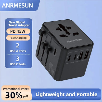 Universal Travel Adapter with 4 AC Outlets Max 2400W 2 USB Port 2 Type-C PD 65W Ports All-in-One Fast Charging EU UK US AUS Plug