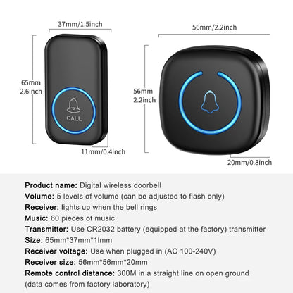 Wireless Doorbell Intelligent Welcome Door Bell 300M/984 FT Remote 60 Songs Melodies Home Smart Doorbell US EU UK Plug Optional