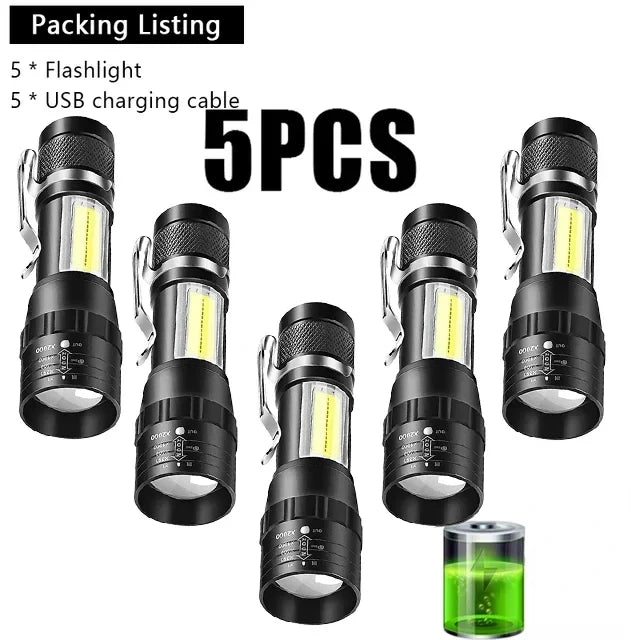 USB Rechargeable Mini Flashlight COB+XPE Portable Built-in Battery Zoomable Small Torch 3 Mode Camping Emergency Flashlights
