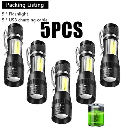 USB Rechargeable Mini Flashlight COB+XPE Portable Built-in Battery Zoomable Small Torch 3 Mode Camping Emergency Flashlights